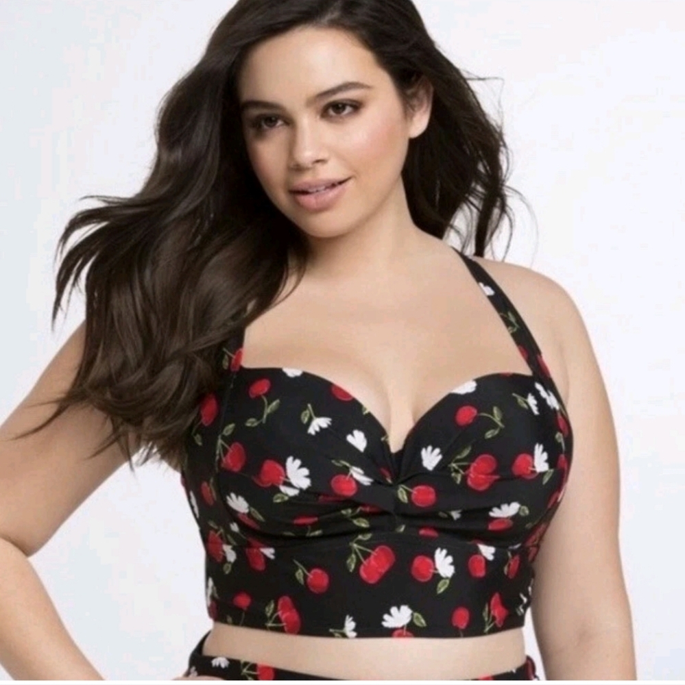 Torrid 2X Cherry Print Longline Bikini Top Push Up Underwire Rockabilly Retro